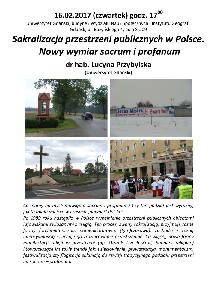 Plakat: Sakralizacja przestrzeni publicznych w Polsce. Nowy wymiar sacrum i profanum.